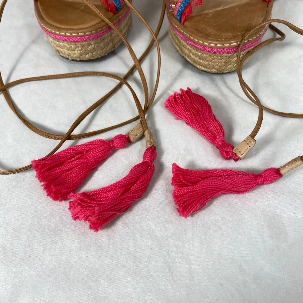 NEW Schutz Mella Espadrille Wedge Heel Sandal Pom Pom Jeweled 8.5
